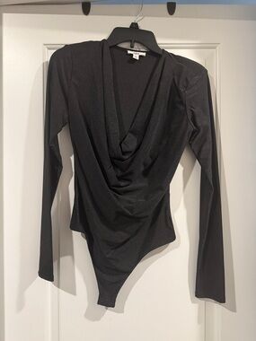 Bar III Black Draped Cowl Long-Sleeve Bodysuit